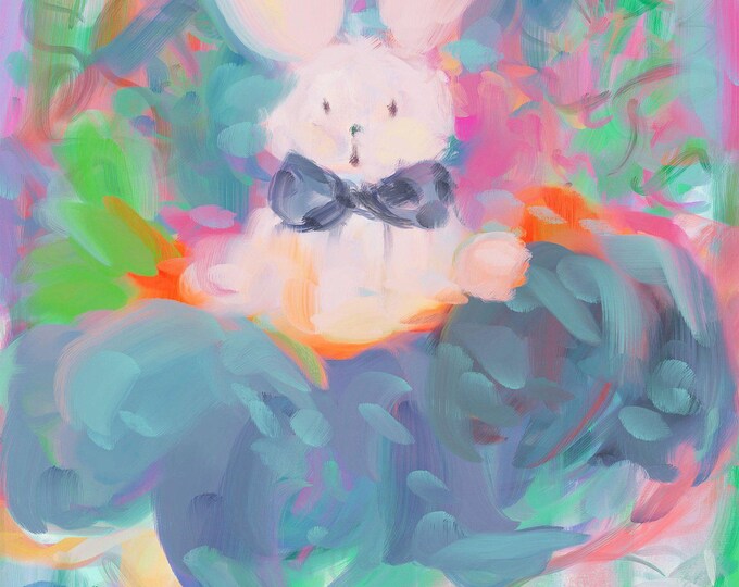 Whimsical Bunny Illustration Rolled Poster | Pastel Floral Nursery Art