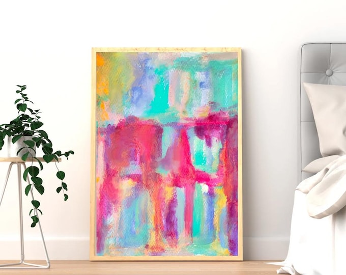 Abstract Pink Teal Watercolor Canvas Painting - Modern Boho Wall Art Home Decor Contemporary Stretched Ready to Hang