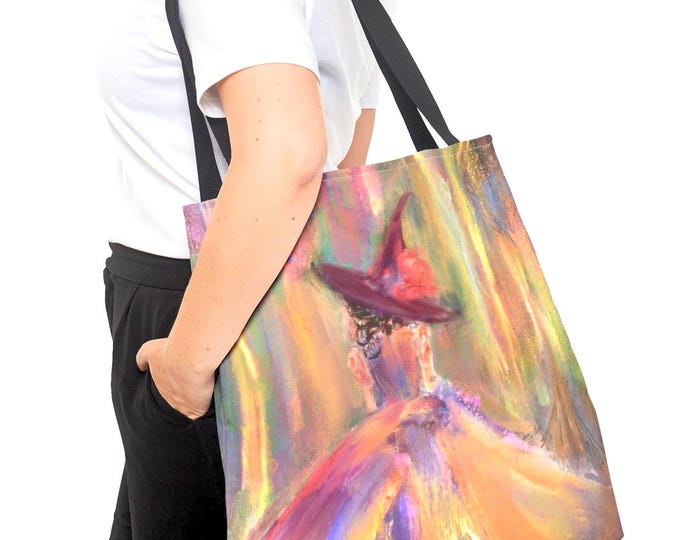 Bright boho Enchanted woodland spring witch art tote, soft ethereal dreamlike travel bag.p