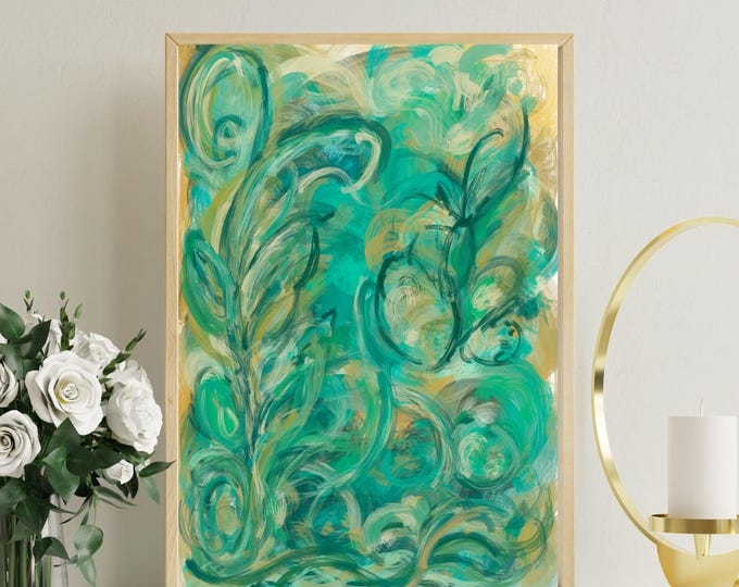 Abstract Teal Floral Canvas Painting: Botanical Garden Wall Art