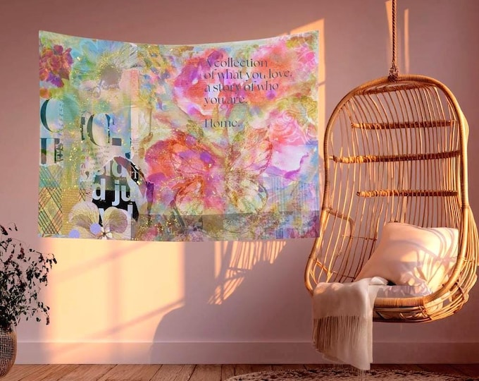 Floral Tapestry No Place Like Home Quote Pink Vintage Collage Art Indoor Wall Hanging Decor
