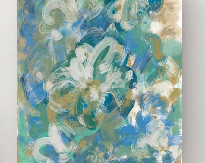 Blue Green Abstract Floral Rolled Poster | Painterly Brushstroke Art Print