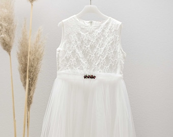 Kommunionkleid "Jasmin", langes Kommunionskleid mit Spitze und Tüllrock, langes Kommunionkleid, Farbe Ivory oder weiß