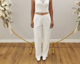 Effervescents Model "Aurelia", Simple Bridal Pants made of Matte Satin, Mix & Match Pants Wedding, Color Ivory