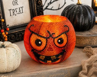 Department 56 Glitterville Orange Halloween Silly Pumpkin Votive Candle Holder