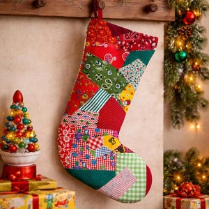 Vintage 60’s Handmade Patchwork Christmas Stocking, Quilted Holiday Stocking, One of a Kind Rustic Farmhouse Christmas Decor, Large