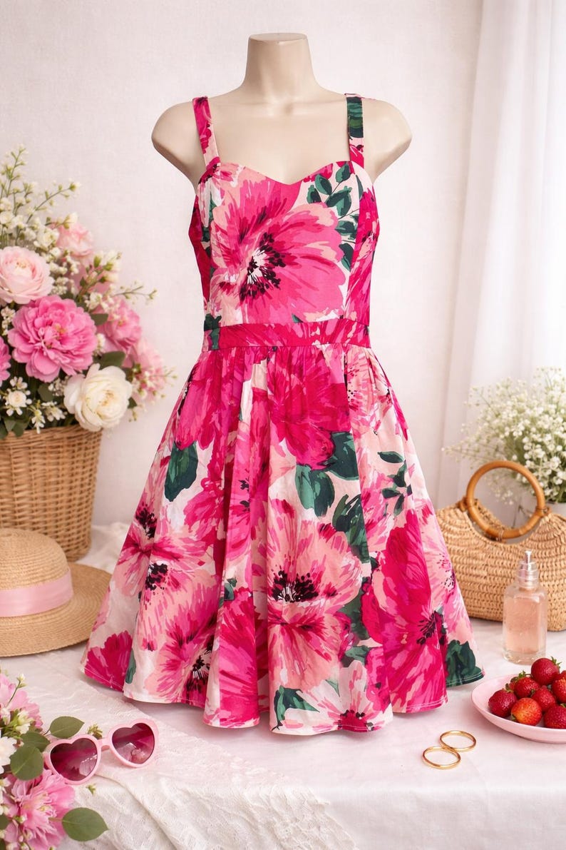 May include: A bright pink floral print dress with a sweetheart neckline and spaghetti straps. The dress has a fitted bodice and a flared skirt, displayed on a mannequin. Accessories include a straw hat, sunglasses, and a basket of flowers. The dress is a summer style.