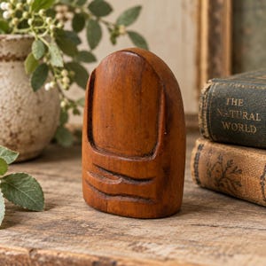 Può includere: Una scultura in legno liscio color marrone medio a forma di pollice o dito umano stilizzato, caratterizzata da una parte superiore arrotondata, un'area dell'unghia definita e due linee orizzontali intagliate che rappresentano l'articolazione.