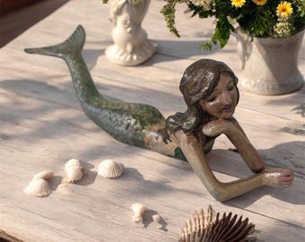 Whimsical Fairycore Mermaid Figurine 10.5” | Enchanted Bronze Mermaid Sculpture | Fantasy Cottage Decor
