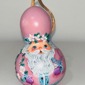 Vtg 90’s Pink Santa Claus Hand Painted Gourd Folk Art Christmas Ornament Decor