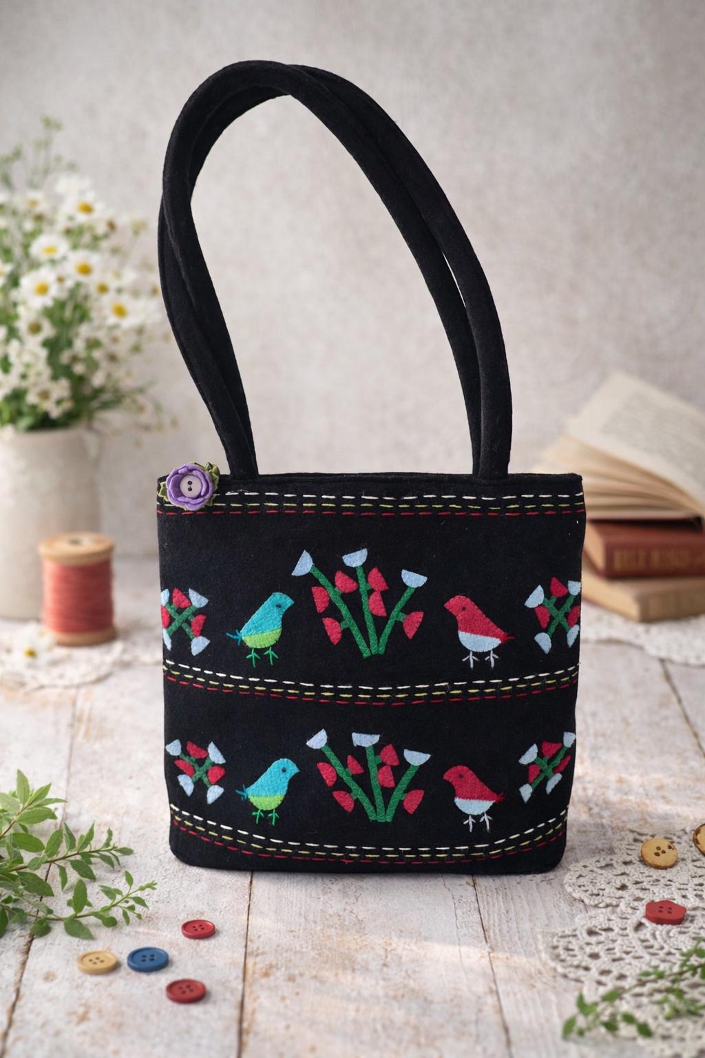 Lulu Guinness Embroidered Wool Blend Tote Bag Black Bird Floral