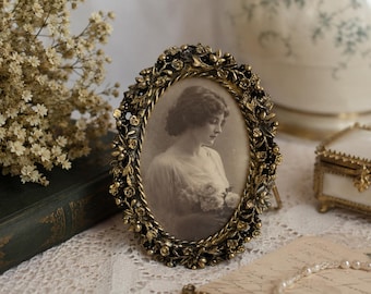 Vintage verzierten Gold-Ton Oval Bilderrahmen Floral Vine Staffelei Rahmen für 3x2 Foto Cottagecore Vanity Decor