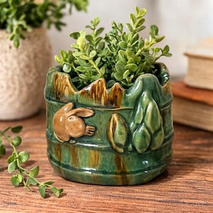 Maceta de rana de mayólica vintage: Maceta de cerámica de bambú verde (8,9 cm x 8,9 cm)