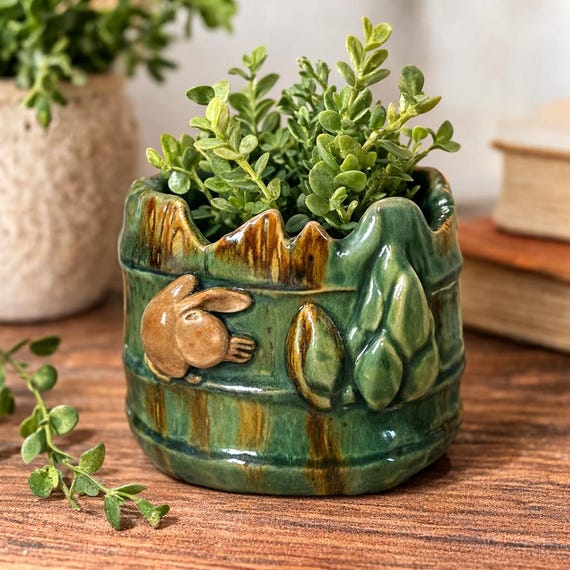 Vintage-Keramik-Frosch-Pflanzgefäß | Grün glasierter Froschtopf | Waldgarten-Dekoration | Cottagecore-Pflanzgefäß | 8,9 cm