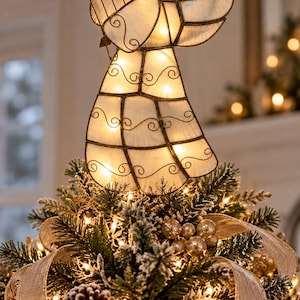 Vintage Angel Light Christmas Decor | Capiz Shell Style Angel Figurine | Illuminated Angel with Gold Wire Halo | 9 Inch