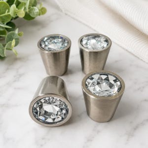 Set of 4 Brushed Nickel & Faceted Crystal Cabinet Knobs | Heavy Modern Drawer Pulls | Glass Furniture Hardware | Kitchen Cabinet Handles