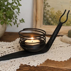 Hand Forged Wrought Iron Snail Tea Light Candle Holder | Rustic Blacksmith Table Decor | Primitive Farmhouse Candle Holder