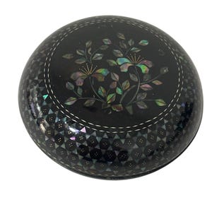 Vintage East Asian Small Black Lacquer Box, Mother of Pearl Inlay Flowers/Leaves