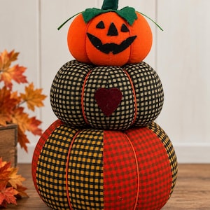 Vintage Style Fabric Pumpkin Stack, 3 Tier Fall Decor, Halloween Pumpkin Decoration, Black Red & Orange Plaid, Rustic Autumn Decor