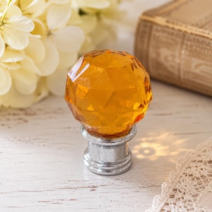 Vintage Amber Glass Cabinet Knob, 1” Faceted Drawer Pull, Orange Glass Furniture Knob, Chrome Cabinet Hardware, Retro Home Decor