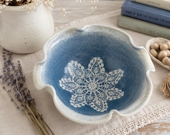 Steve Miller Studio Pottery Bowl Signed 1991 | Blue Speckled Stoneware Lace Imprint Bowl | Handmade Scalloped Ceramic Bowl