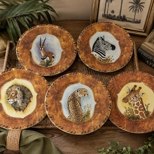 Set of 5 Lynn Chase Safari Wildlife 9” Salad Plates Lion Cheetah