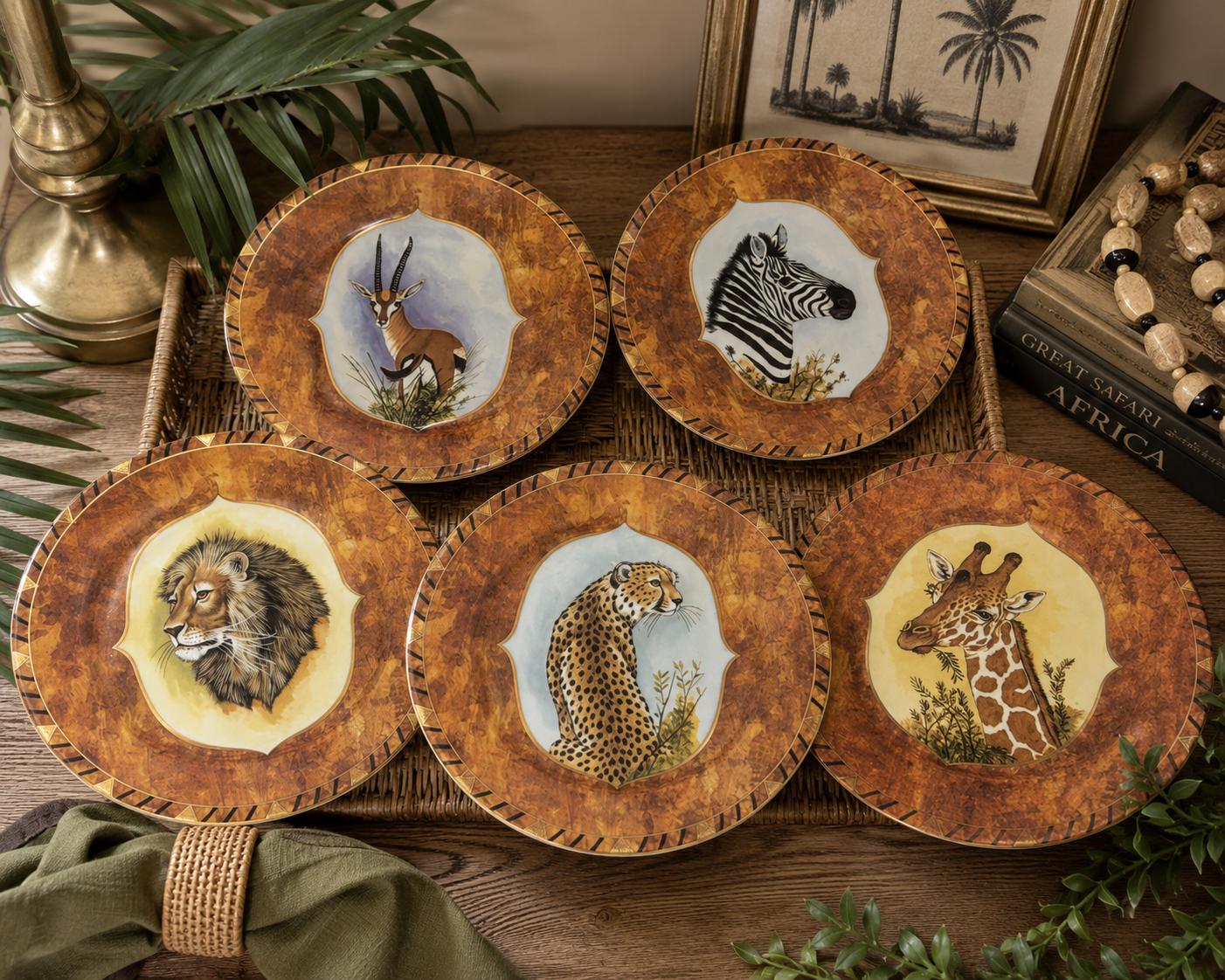 Set of 5 Lynn Chase Safari Wildlife 9” Salad Plates Lion Cheetah