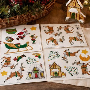Vintage 1993 Current Inc. Christmas Window Clings Set of 4 Sheets | Reusable Holiday Window Decals | Santa Reindeer Elf | NOS Christmas Deco