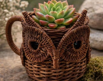 Vintage Wicker Owl Basket: Handwoven Planter, Woodland Accent, Boho Decor
