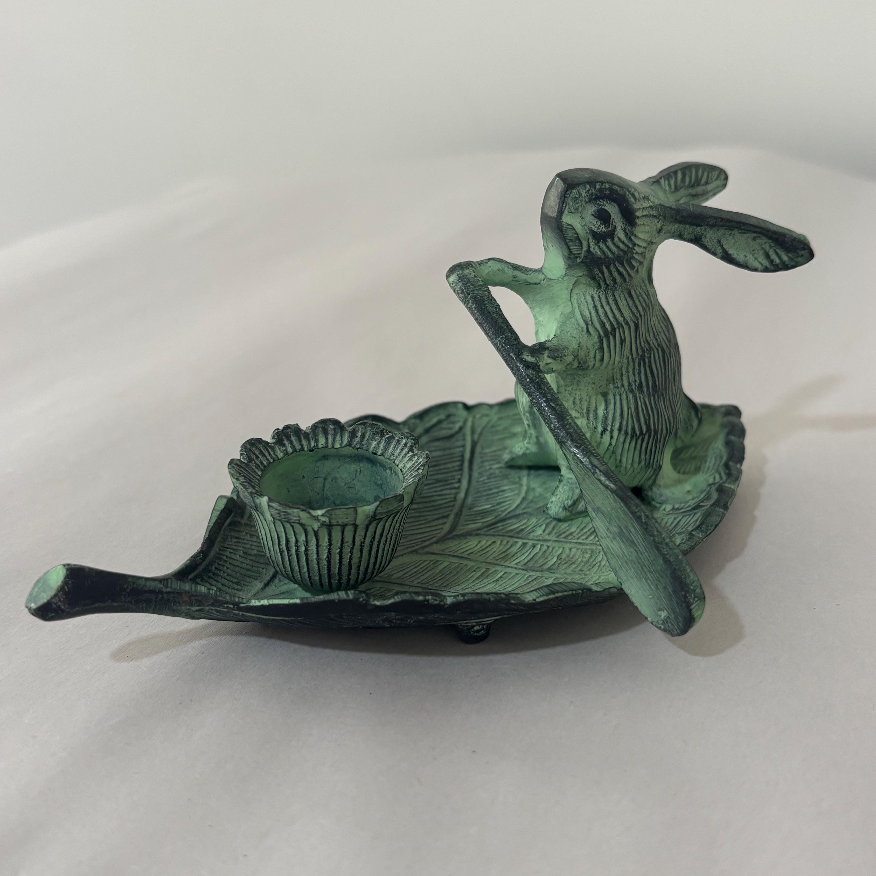 Vintage Sadek Cast Metal Bronze Bunny Rabbit Rowing on Leaf Boat