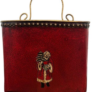 Porte-cartes de Noël en métal rouge VTG, décoration murale de père Noël d'art populaire peinte à la main