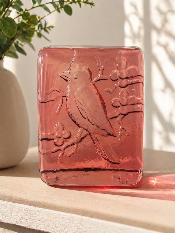 Vintage Reverse Carved Pink Glass Bird Paperweight 3.5” Solid Art Glass Sculpture Collectible Desk Decor, Mid Century Decor
