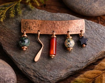 Hammered Copper Brooch - Mixed Media Dangle Charms, Artisan Pin