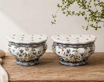 Vintage Portuguese Ceramic Wall Flower Frogs, Hand-Painted Pique-Fleurs, Signed Pair