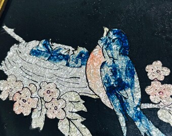 ヴィンテージ ティンセル アート 鳥の絵 青い鳥 花の枝 額入り壁飾り