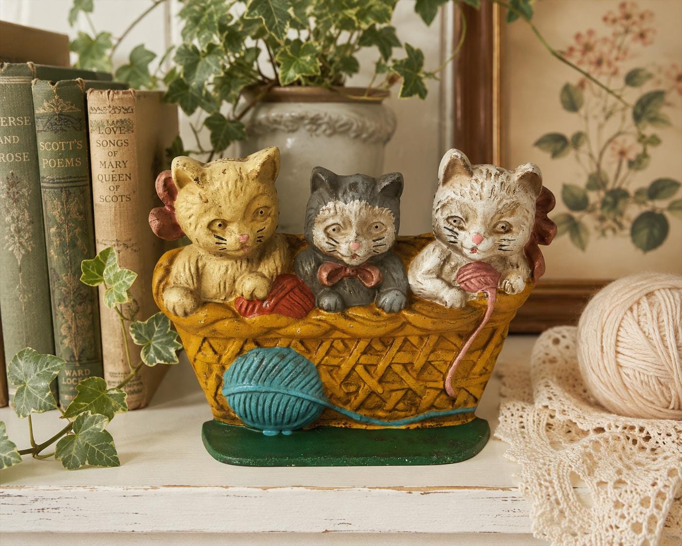 Vintage Cast Iron Three Kittens Doorstop | Basket of Cats With