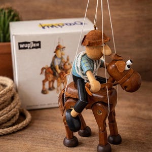 May include: Wooden marionette of a cowboy riding a horse. The cowboy wears a brown hat, blue shirt, and black pants. The horse is brown with white eyes. The marionette is suspended by strings. A box with the word "Wupper" is in the background.