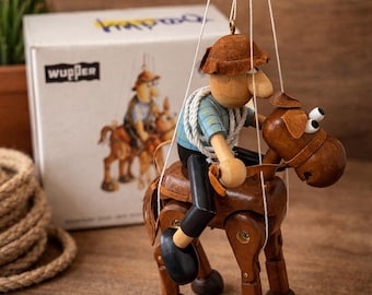 Vintage Wupper Wooden Marionette Cowboy on Horse Danish String Puppet Toy w/ Box