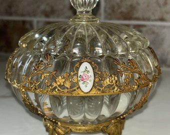 Antique Guilloche Enamel Gold Ormolu Vanity Dresser Glass Jar With Lid Hollywood