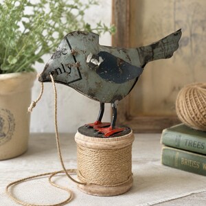 Rustic Metal Bird Twine Holder | Folk Art Garden String Dispenser | Recycled Metal Bird on Wooden Spool | Primitive Farmhouse Desk Decor