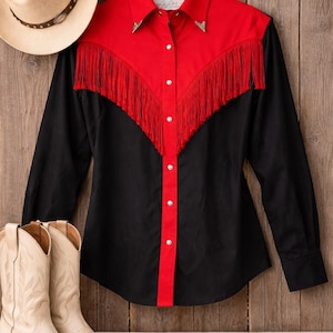 Vintage Lilia Smitty Exclusives Western Fringe Shirt Red Black Cowgirl Rodeo Button Up Medium