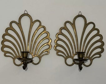 Vtg MCM Large Brass Peacock Fan Or Scallop Shell Wall Hanging Candle Sconces