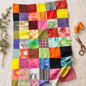 Vintage Patchwork Quilt Top Fabric Remnant: Colorful Cotton Squares, Boho Textile Craft (58" x 35")