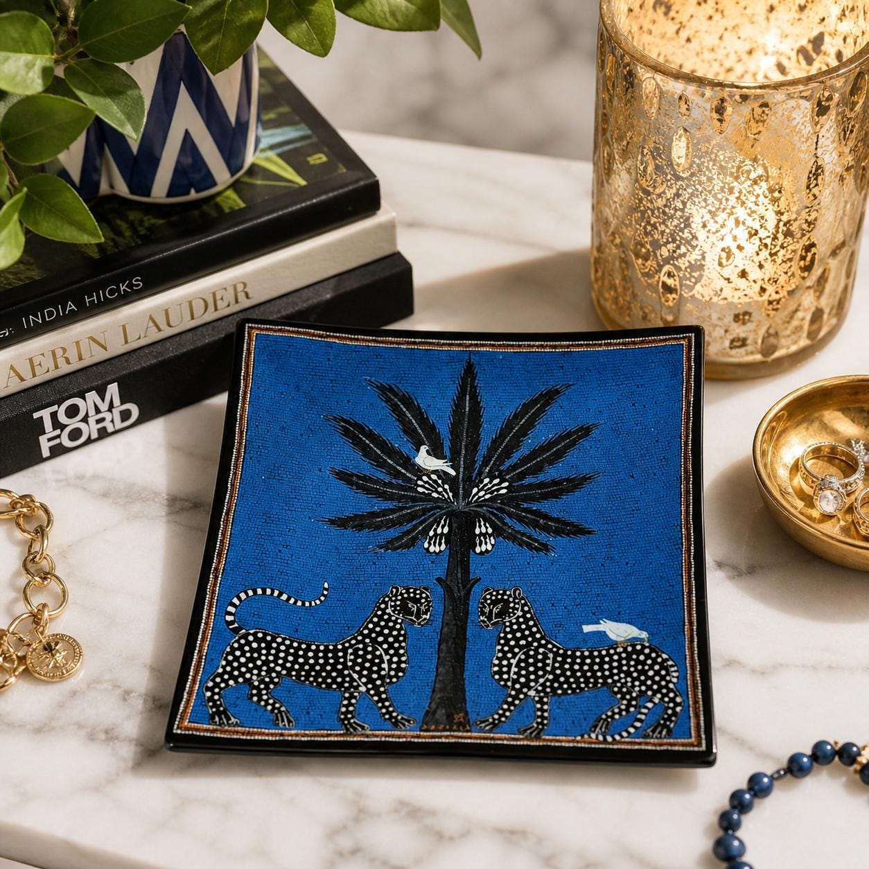 Hand-painted Leopard Palm Tree Trinket Dish, Blue Square Safari