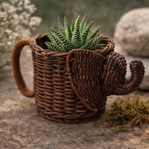 Vintage Wicker Elephant Basket with Handle, Handwoven Rattan Planter Decor