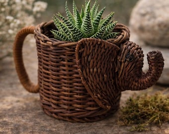 Cesto vintage de vime em formato de elefante com alça, decoração para vasos de plantas em rattan trançado à mão.