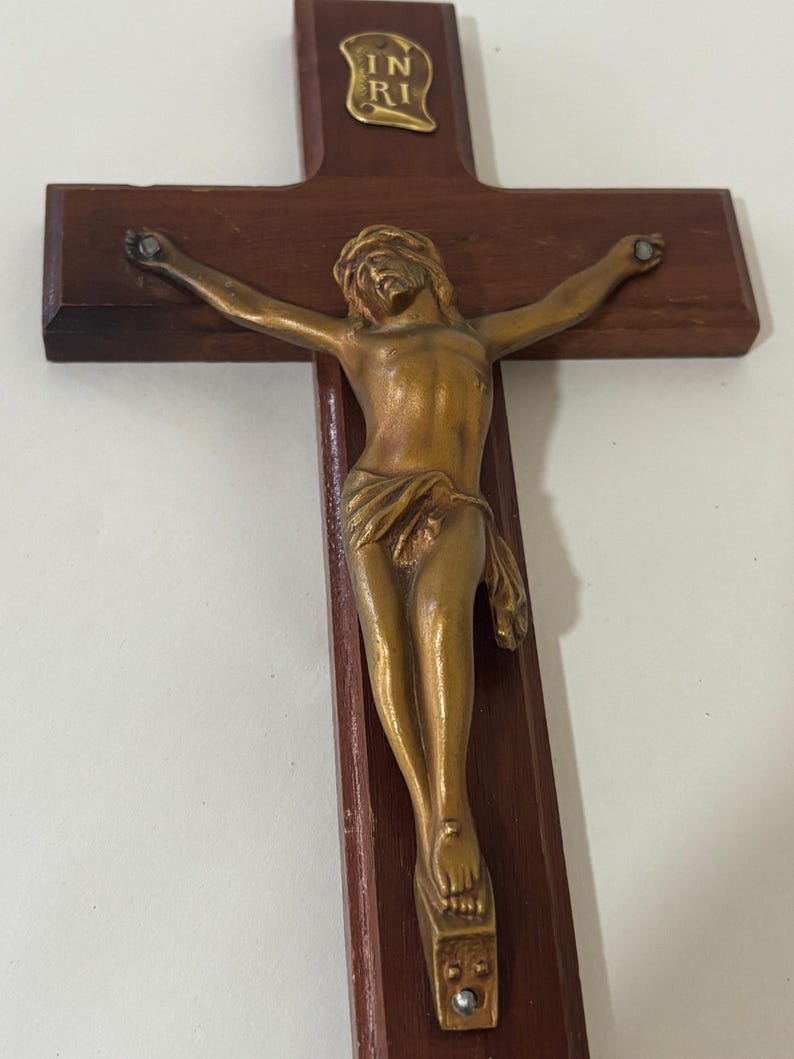 Vintage Wooden Crucifix Wall Cross With INRI Plaque, Detailed Metal ...