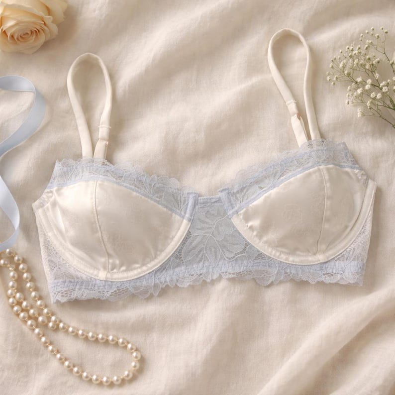 May include: A cream-coloured bra with satin cups and light blue lace trim. The bra has adjustable straps and a delicate floral pattern on the cups. The image is styled with a rose, ribbon, and pearls.