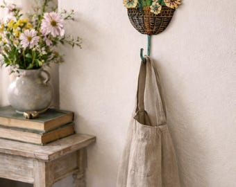 Vintage 60’s Hand Painted Toleware Hook Featuring a Woven Basket of Flowers, English Cottage, Chateaucore