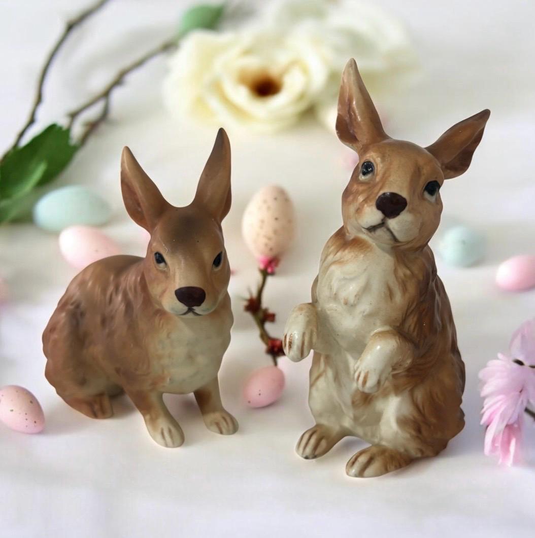 Lefton Brown Rabbit Vintage Pair of Figurines Easter Bunny H6664